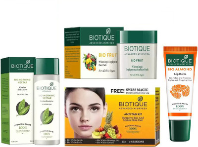 

BIOTIQUE BIO Morning Nectar Flawless Skin Lotion For All Skin Types, Bio Fruit Face Pack, Bio Anti Tan Facial Kit , LIP CARE(Set of 4)