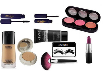 

Adorable Eyelashes With Mac mineralize Foundation & BB Compact, mac padma eyeliner & mascara, 3 Shade Blusher & matte Finish Long Lasting Lipstick, Makeup Brush,NYX Primer, (Set of 9 )(Set of 9)