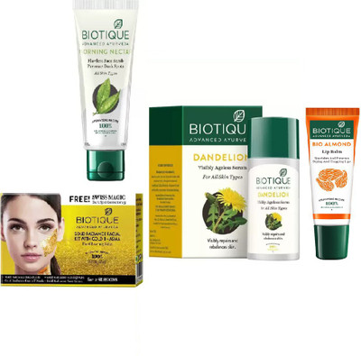 

BIOTIQUE BIO Gold Radiance Facial Kit, Bio Morning Nectar Face Scrub, Bio Dandelion Ageless Lightening Serum, LIP CARE(Set of 4)