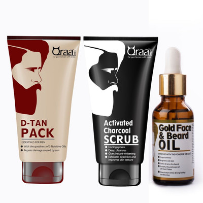 

Qraa Men Gold Face And Beard Oil 30ml + D-Tan Pack for Men 120gm + Activated Charcoal Scrub 100gm(Set of 3)
