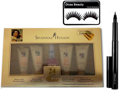 

Divas Beauty eyelashes Shahnaz Husain Hussain 24 Carat Gold Facial Kit with mac pen eyeliner(Set of 3)