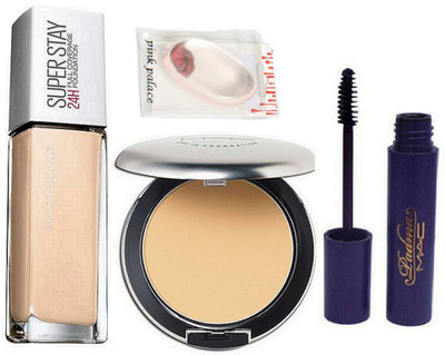 

pink palace Silicon Puff,Maybelliene New York Superstay 24H Foundation,Mac Studio Perfect Compact, Padma Mascara(Set of 4)