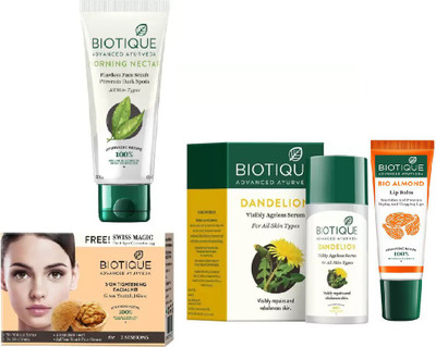 

BIOTIQUE BIO Skin Tightening Facial Kit, Bio Morning Nectar Face Scrub, Bio Dandelion Ageless Lightening Serum,LIP CARE(Set of 4)