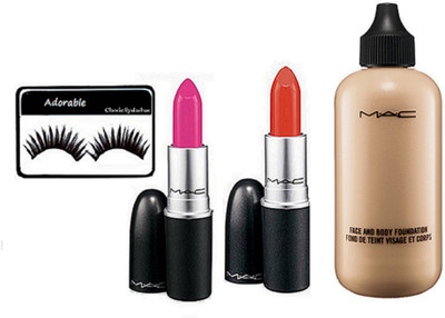 

Adorable eyelashes, mac long lasting lipstick pack of 2 , face and body foundation(Set of 4)
