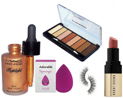 

Adorable sponge puff, mac highlighter , bobbi brown nude shade lipstick ,Transparent 8 Shade Palette , eyelashes(Set of 5)