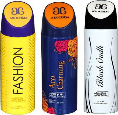 

arochem FISHION & ARO CHARMING & BLACK OUDH DYNAMIC DEODORANT SPRAY Body Spray - For Men & Women(600 ml, Pack of 3)