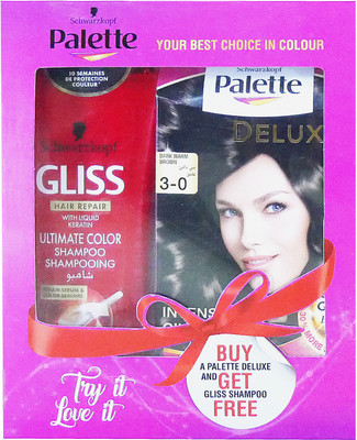 

Schwarzkopf Palette Deluxe Oil Care Color - 3-0 Dark Warm Brown & Get Free Gliss Hair Repair Liquid Keratin Ultimate Color Shampoo 250 ml Hair Color(Dark Warm Brown)