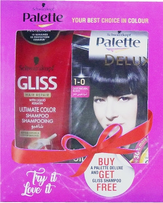 

Schwarzkopf Palette Deluxe Oil Care Color 1-0 Deep Natural Black & Get Free Gliss Hair Repair Liquid Keratin Ultimate Color Shampoo 250 ml Hair Color(Natural Black)