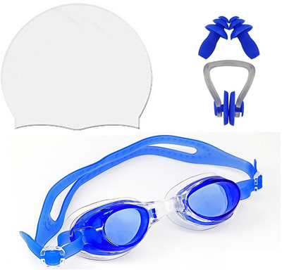 THE MORNING PLAY HIGH Quality Goggles Silicone Cap 1 Nose Clip + 2 Ear Plugs WHITE Swimming Kit