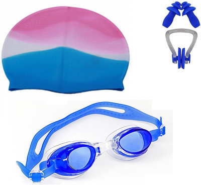 THE MORNING PLAY ™ HIGH Quality Goggles Silicone Cap 1 Nose Clip + 2 Ear Plugs PINK AND BLUE Swimming Kit