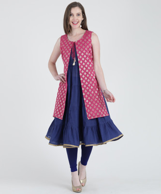 Aurelia Women Self Design Flared Kurta(Blue, Pink)