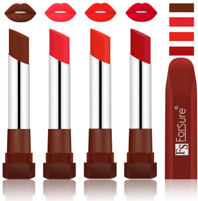 

Forsure New & Improved Stylish English Lipsticks(Wine, Peach, Beach Nude, Bright Red)