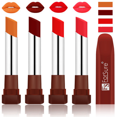 

Forsure New & Improved Stylish English Lipsticks(Brick Nude, Dark Maroon, Romantic Red, Peach)