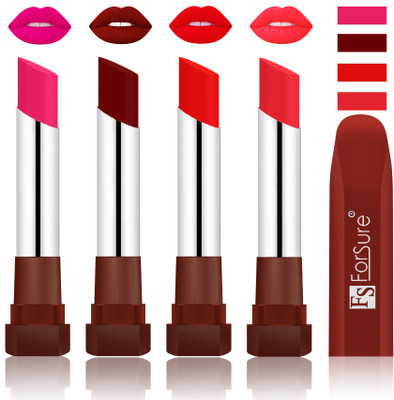 

Forsure New & Improved Stylish English Lipsticks(Rose Pink, Dark Maroon, Romantic Red, Peach)