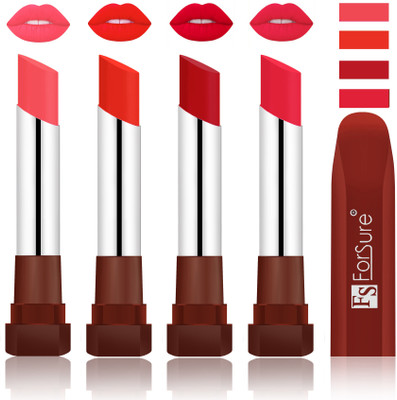 

Forsure New & Improved Stylish English Lipsticks(Peach, Beach Nude, Bright Red, Baby Pink)
