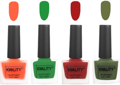 

Kwality Velvet Dull Matte Posh Shades Party Girl Range Nail Polish Sets Carrot Orange,Dark Green,Red,Olive Green(Pack of 4)