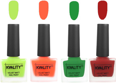 

Kwality Velvet Dull Matte Posh Shades Party Girl Range Nail Polish Sets Parrot Green,Carrot Orange,Dark Green,Red(Pack of 4)