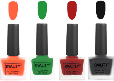 

Kwality Velvet Dull Matte Posh Shades Party Girl Range Nail Polish Sets Carrot Orange,Dark Green,Red,Black(Pack of 4)