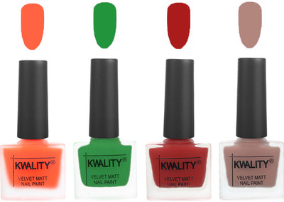 

Kwality Velvet Dull Matte Posh Shades Party Girl Range Nail Polish Sets Carrot Orange,Dark Green,Red,Salmon Run(Pack of 4)