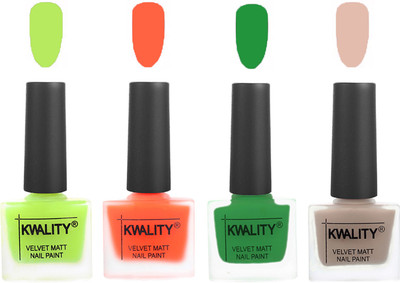 

Kwality Velvet Dull Matte Posh Shades Party Girl Range Nail Polish Sets Parrot Green,Carrot Orange,Dark Green,Light Baby Nude(Pack of 4)