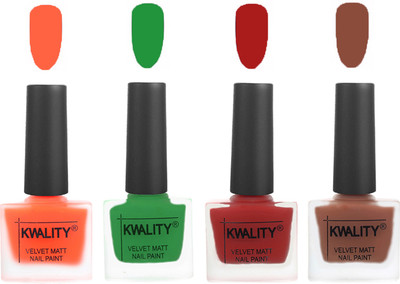 

Kwality Velvet Dull Matte Posh Shades Party Girl Range Nail Polish Sets Carrot Orange,Dark Green,Red,Brown(Pack of 4)