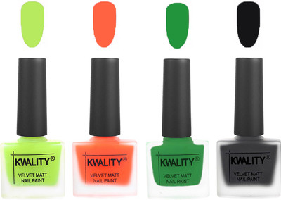 

Kwality Velvet Dull Matte Posh Shades Party Girl Range Nail Polish Sets Parrot Green,Carrot Orange,Dark Green,Black(Pack of 4)