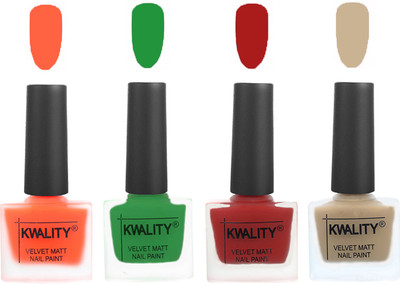 

Kwality Velvet Dull Matte Posh Shades Party Girl Range Nail Polish Sets Carrot Orange,Dark Green,Red,Nude(Pack of 4)