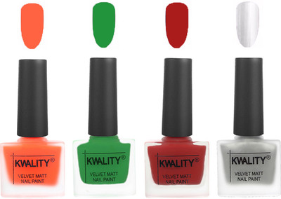 

Kwality Velvet Dull Matte Posh Shades Party Girl Range Nail Polish Sets Carrot Orange,Dark Green,Red,Silver(Pack of 4)