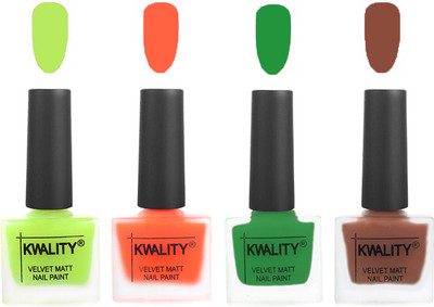

Kwality Velvet Dull Matte Posh Shades Party Girl Range Nail Polish Sets Parrot Green,Carrot Orange,Dark Green,Brown(Pack of 4)
