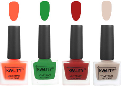 

Kwality Velvet Dull Matte Posh Shades Party Girl Range Nail Polish Sets Carrot Orange,Dark Green,Red,Light Beige(Pack of 4)