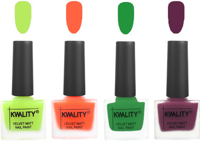 

Kwality Velvet Dull Matte Posh Shades Party Girl Range Nail Polish Sets Parrot Green,Carrot Orange,Dark Green,Purple(Pack of 4)