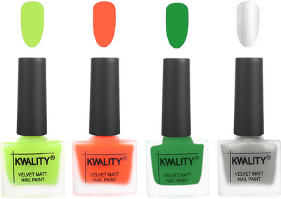 

Kwality Velvet Dull Matte Posh Shades Party Girl Range Nail Polish Sets Parrot Green,Carrot Orange,Dark Green,Silver(Pack of 4)
