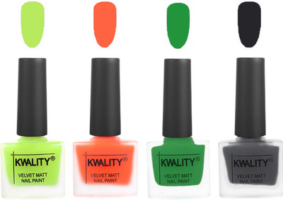 

Kwality Velvet Dull Matte Posh Shades Party Girl Range Nail Polish Sets Parrot Green,Carrot Orange,Dark Green,Dark Grey(Pack of 4)