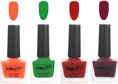

Kwality Velvet Dull Matte Posh Shades Party Girl Range Nail Polish Sets Carrot Orange,Dark Green,Red,Maroon(Pack of 4)