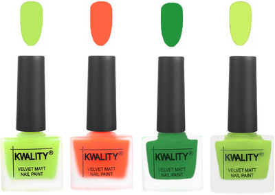 

Kwality Velvet Dull Matte Posh Shades Party Girl Range Nail Polish Sets Parrot Green,Carrot Orange,Dark Green,Light Lemon Green(Pack of 4)