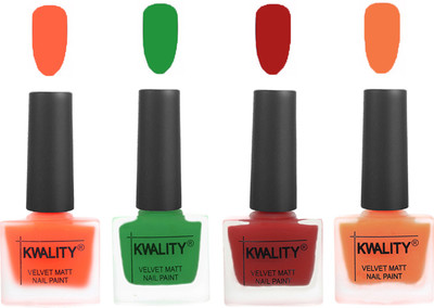

Kwality Velvet Dull Matte Posh Shades Party Girl Range Nail Polish Sets Carrot Orange,Dark Green,Red,Peach(Pack of 4)