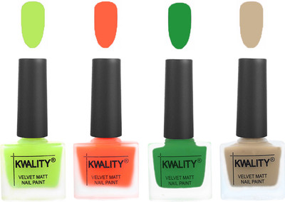 

Kwality Velvet Dull Matte Posh Shades Party Girl Range Nail Polish Sets Parrot Green,Carrot Orange,Dark Green,Nude(Pack of 4)
