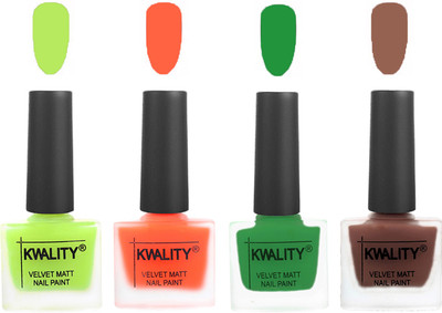 

Kwality Velvet Dull Matte Posh Shades Party Girl Range Nail Polish Sets Parrot Green,Carrot Orange,Dark Green,Shock Brown(Pack of 4)