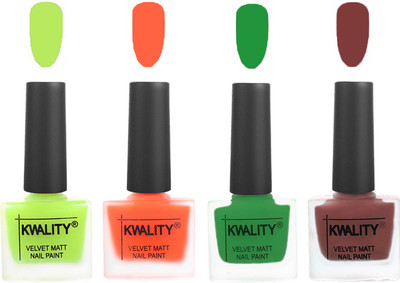 

Kwality Velvet Dull Matte Posh Shades Party Girl Range Nail Polish Sets Parrot Green,Carrot Orange,Dark Green,Dark Tan(Pack of 4)