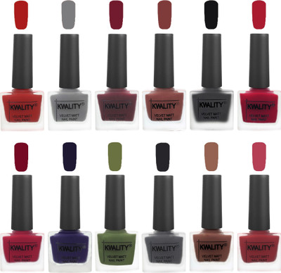 

Kwality Premium Velvet Dull Matte Nail Polish | Posh Shades | Party Girls Combo Red,Grey,Maroon,Dark Tan,Black,Dark Passion Pink,Royal Blue,Berry ,Olive Green,Dark Grey,Shock Brown,Rani Pink(Pack of 12)