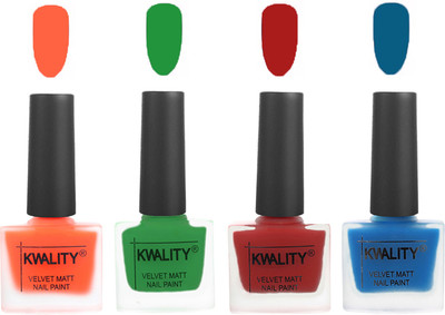 

Kwality Velvet Dull Matte Posh Shades Party Girl Range Nail Polish Sets Carrot Orange,Dark Green,Red,Peacock Blue(Pack of 4)