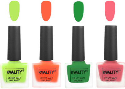 

Kwality Velvet Dull Matte Posh Shades Party Girl Range Nail Polish Sets Parrot Green,Carrot Orange,Dark Green,Frozen Pink(Pack of 4)