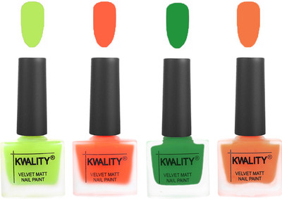 

Kwality Velvet Dull Matte Posh Shades Party Girl Range Nail Polish Sets Parrot Green,Carrot Orange,Dark Green,Peach(Pack of 4)