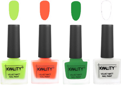 

Kwality Velvet Dull Matte Posh Shades Party Girl Range Nail Polish Sets Parrot Green,Carrot Orange,Dark Green,White(Pack of 4)