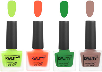 

Kwality Velvet Dull Matte Posh Shades Party Girl Range Nail Polish Sets Parrot Green,Carrot Orange,Dark Green,Salmon Run(Pack of 4)