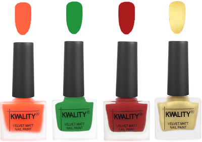 

Kwality Velvet Dull Matte Posh Shades Party Girl Range Nail Polish Sets Carrot Orange,Dark Green,Red,Golden(Pack of 4)