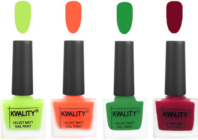 

Kwality Velvet Dull Matte Posh Shades Party Girl Range Nail Polish Sets Parrot Green,Carrot Orange,Dark Green,Berry(Pack of 4)