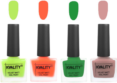 

Kwality Velvet Dull Matte Posh Shades Party Girl Range Nail Polish Sets Parrot Green,Carrot Orange,Dark Green,Salmon(Pack of 4)