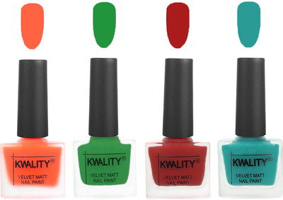

Kwality Velvet Dull Matte Posh Shades Party Girl Range Nail Polish Sets Carrot Orange,Dark Green,Red,Sea Green(Pack of 4)