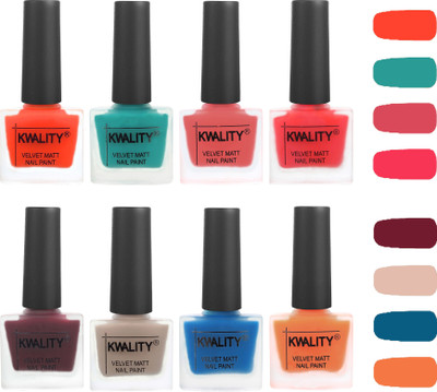 

Kwality Velvet Matte Nail Polish | No Chipping-No Fading | Nail Polish Pink Mania,Candy Orange,Maroon,Baby Pink,Light Baby Nude,Sea Green,Peacock Blue,Peach(Pack of 8)